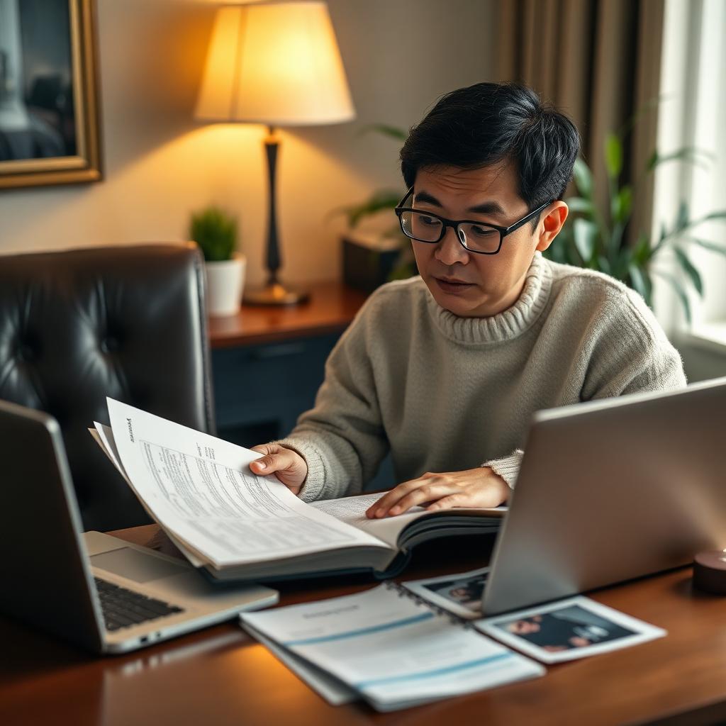 An attorney reviewing well-organized evidence at a calm desk