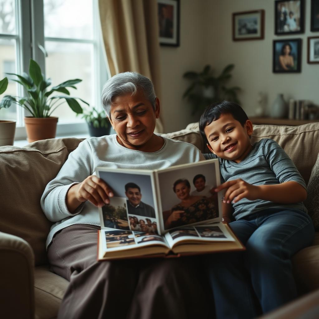 Three generations of a family looking through a photo album together